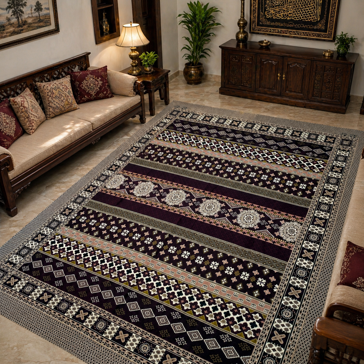 Traditional Multani Jazem – 9x12 Ft – Geometric Floral Stripes FT