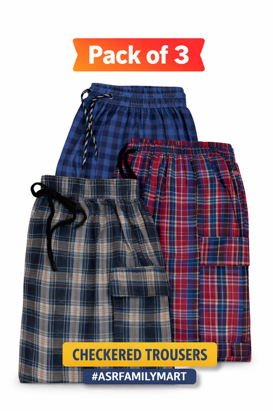 Stylish 4-Pocket Poly-Cotton Check Cargo Trouser for Men-Pack of 3