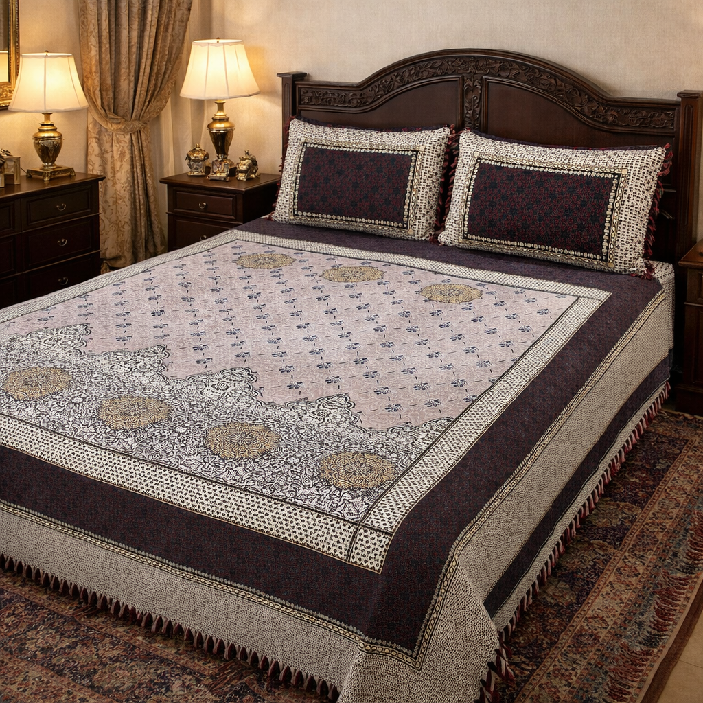 Classic Maroon Multani Bedsheet – Central Mehrab Pattern