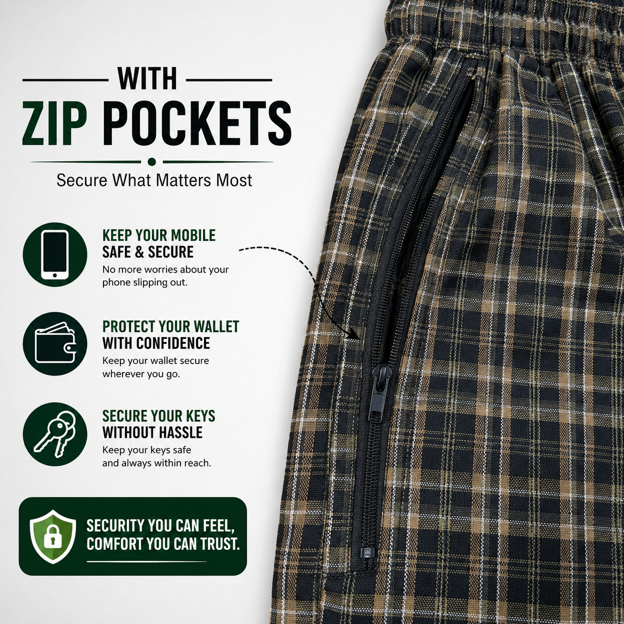 Pure Cotton Check Trouser with Zip Pockets-Pack of 4