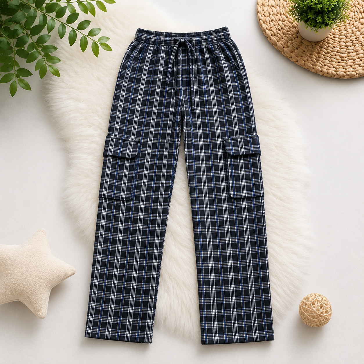 Stylish 4-Pocket Pure Cotton Check Cargo Trouser for Kids-Pack of 2