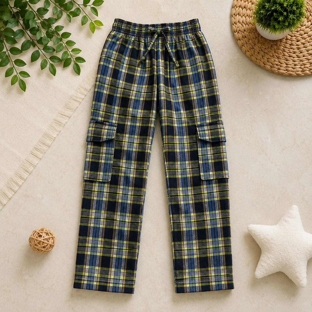Stylish 4-Pocket Pure Cotton Check Cargo Trouser for Kids-Pack of 4