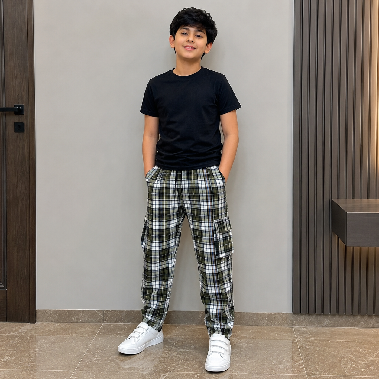 Stylish 4-Pocket Pure Cotton Check Cargo Trouser for Kids-Pack of 3