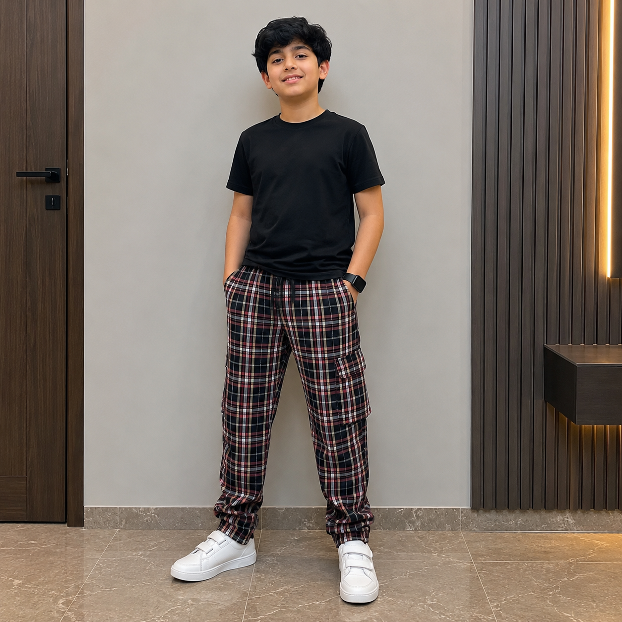 Stylish 4-Pocket Pure Cotton Check Cargo Trouser for Kids-Pack of 4