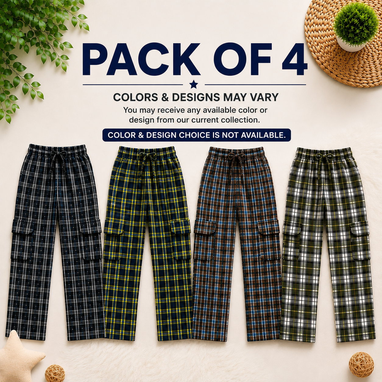 Stylish 4-Pocket Pure Cotton Check Cargo Trouser for Kids-Pack of 4