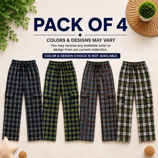 Stylish 4-Pocket Pure Cotton Check Cargo Trouser for Kids-Pack of 4