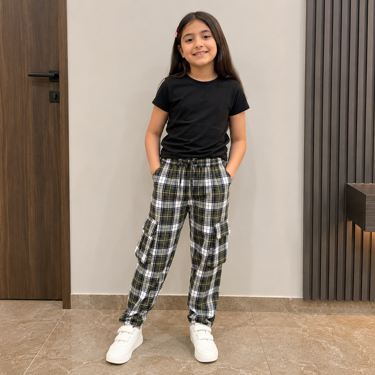 Stylish 4-Pocket Pure Cotton Check Cargo Trouser for Kids-Pack of 2