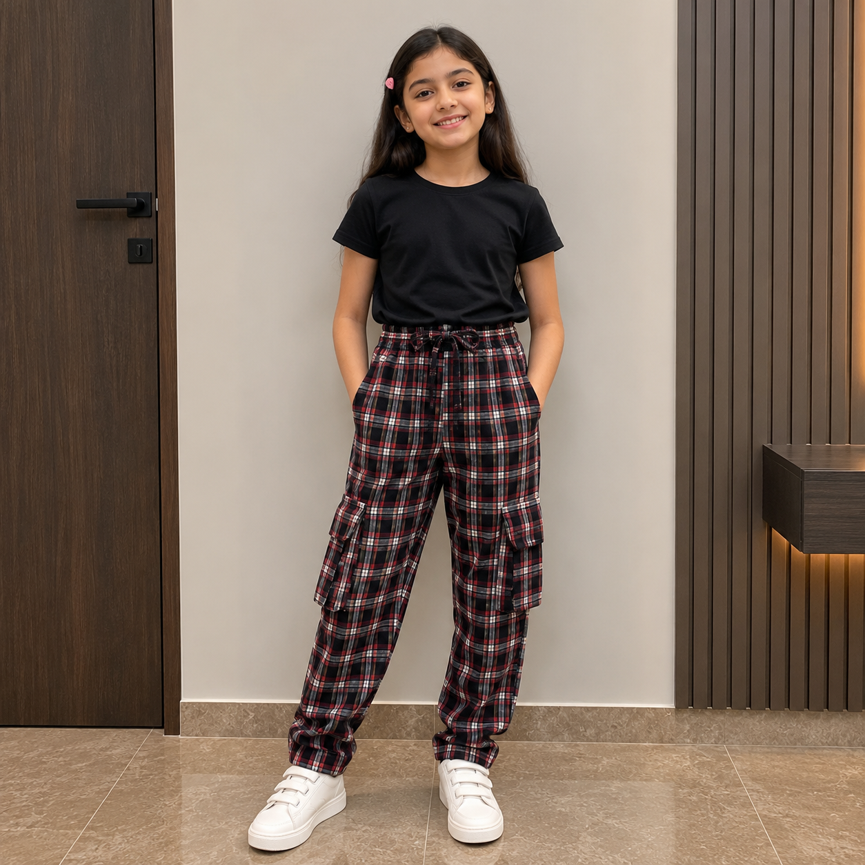 Stylish 4-Pocket Pure Cotton Check Cargo Trouser for Kids-Pack of 3