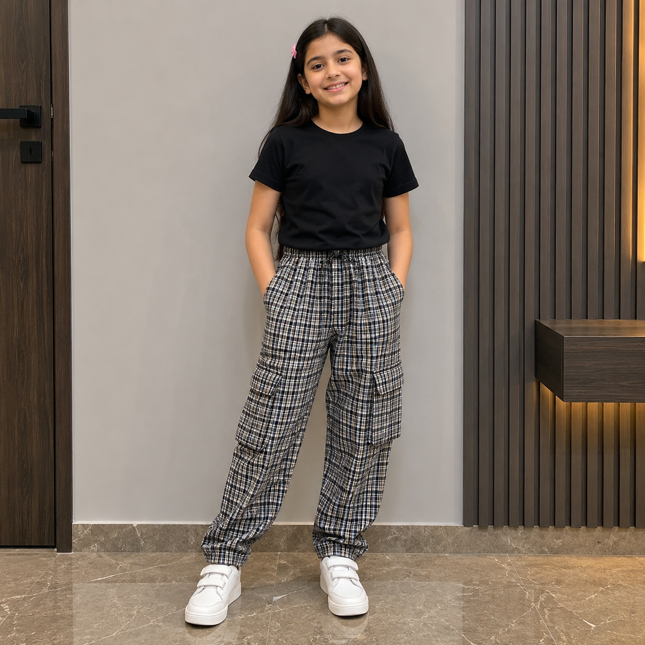 Stylish 4-Pocket Pure Cotton Check Cargo Trouser for Kids-Pack of 4