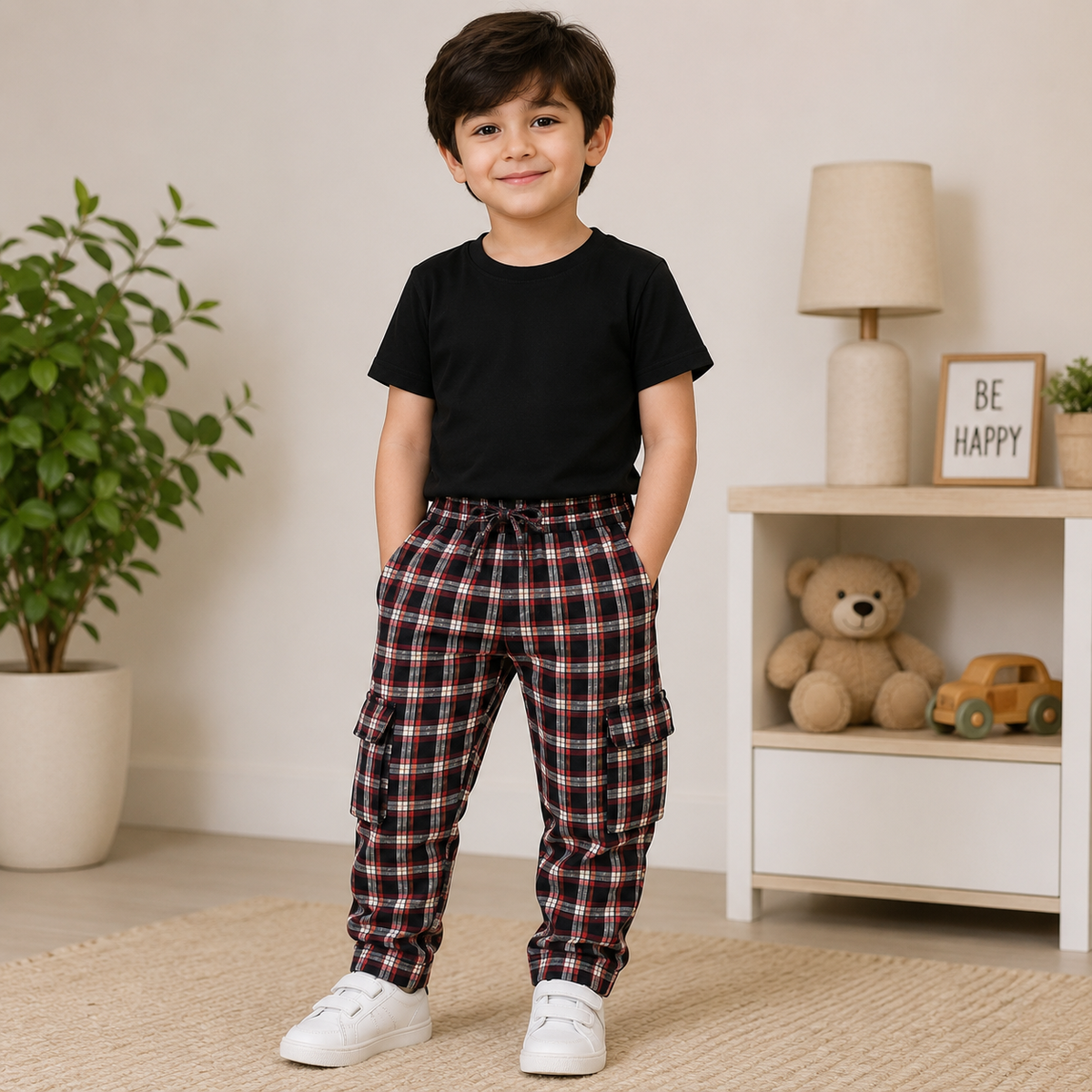 Stylish 4-Pocket Pure Cotton Check Cargo Trouser for Kids-Pack of 3