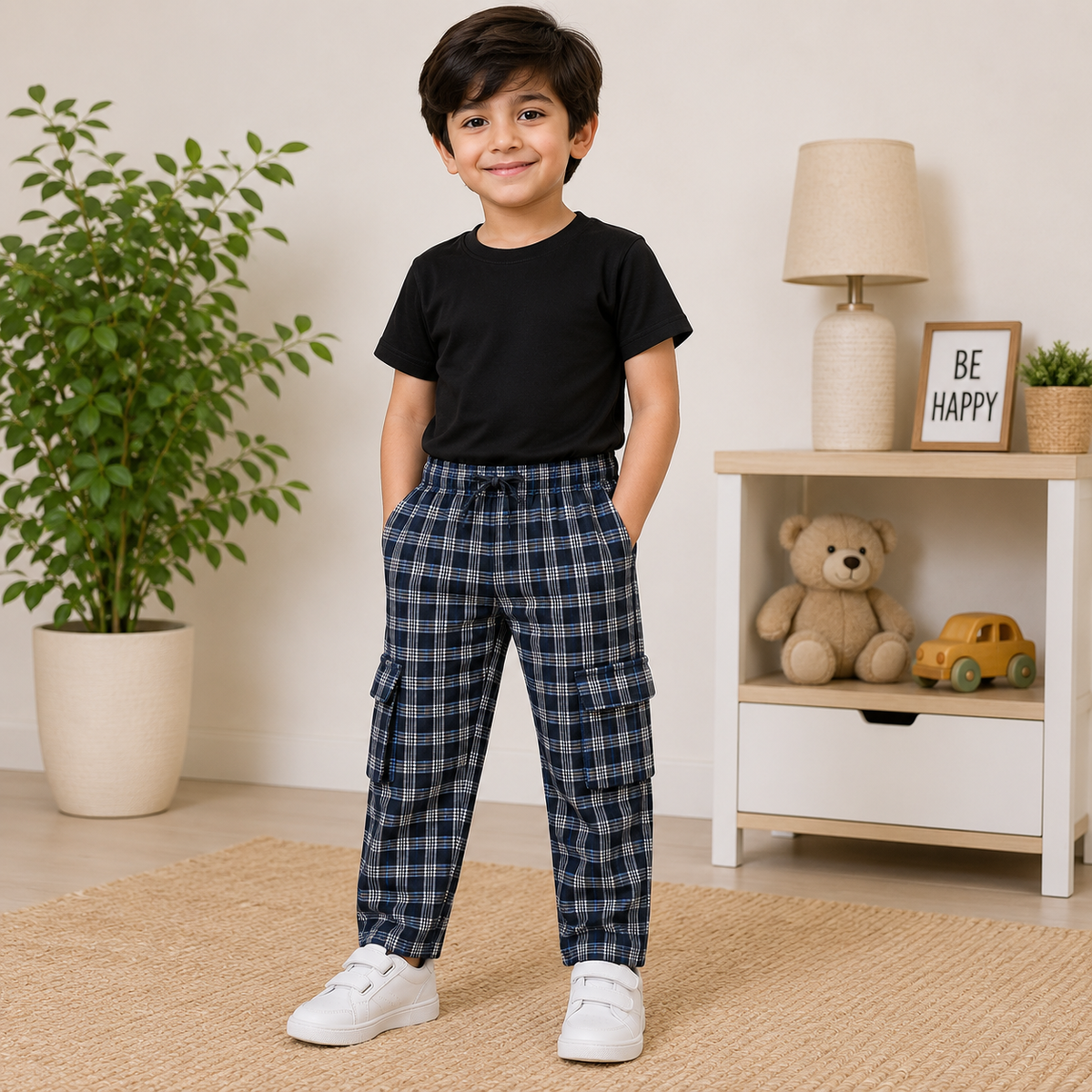 Stylish 4-Pocket Pure Cotton Check Cargo Trouser for Kids-Pack of 2