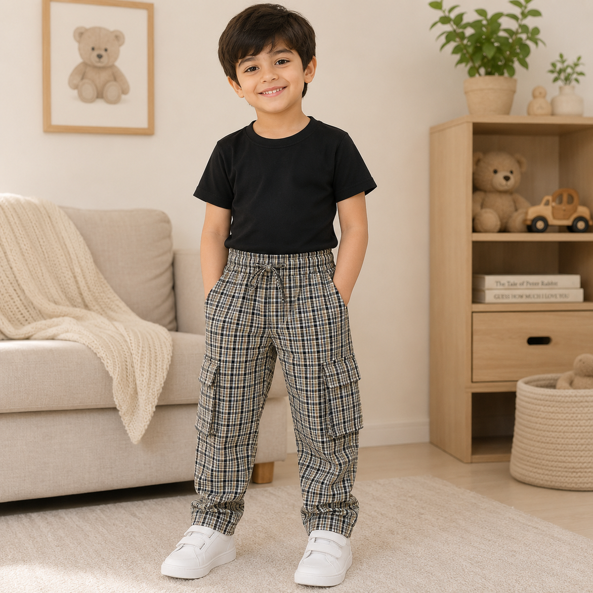 Stylish 4-Pocket Pure Cotton Check Cargo Trouser for Kids-Pack of 4