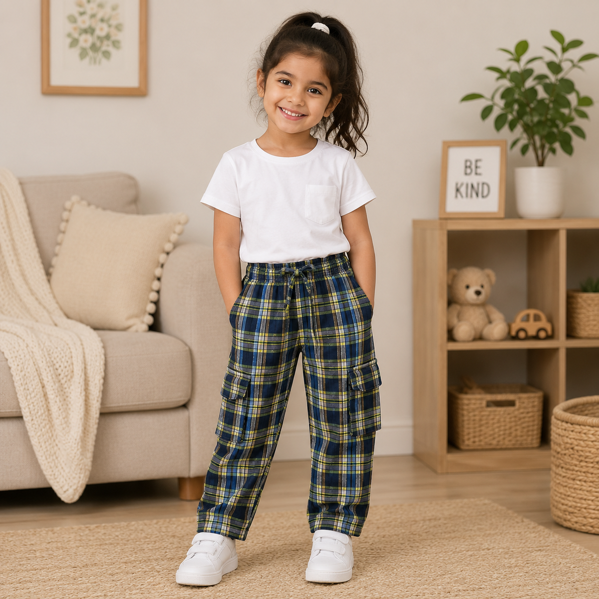 Stylish 4-Pocket Pure Cotton Check Cargo Trouser for Kids-Pack of 4