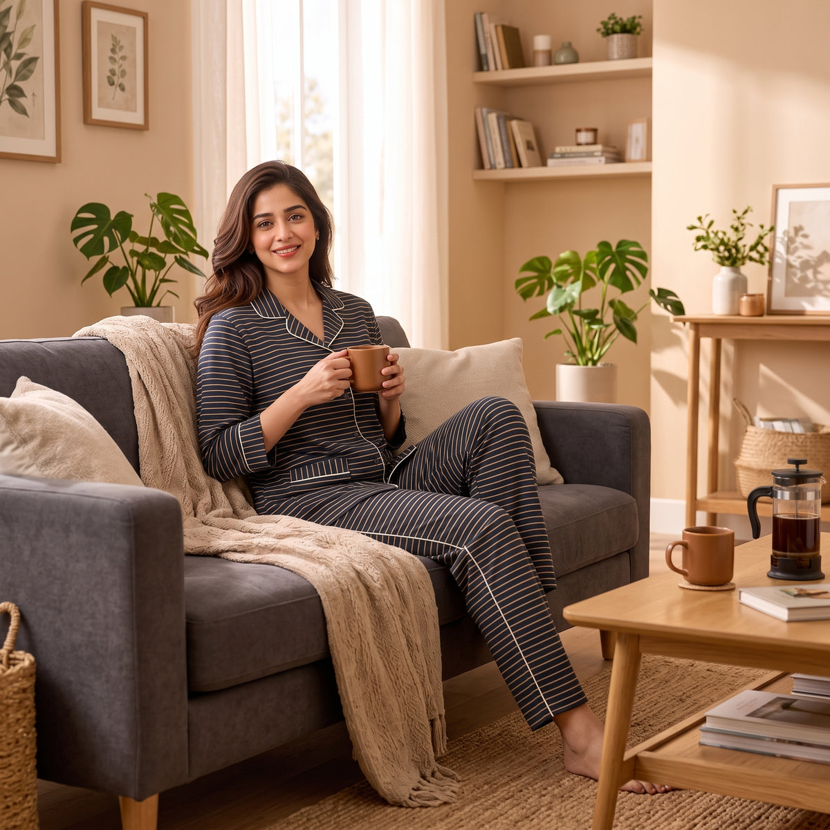 Women’s Premium Black & Beige Striped Night Suit & Loungewear
