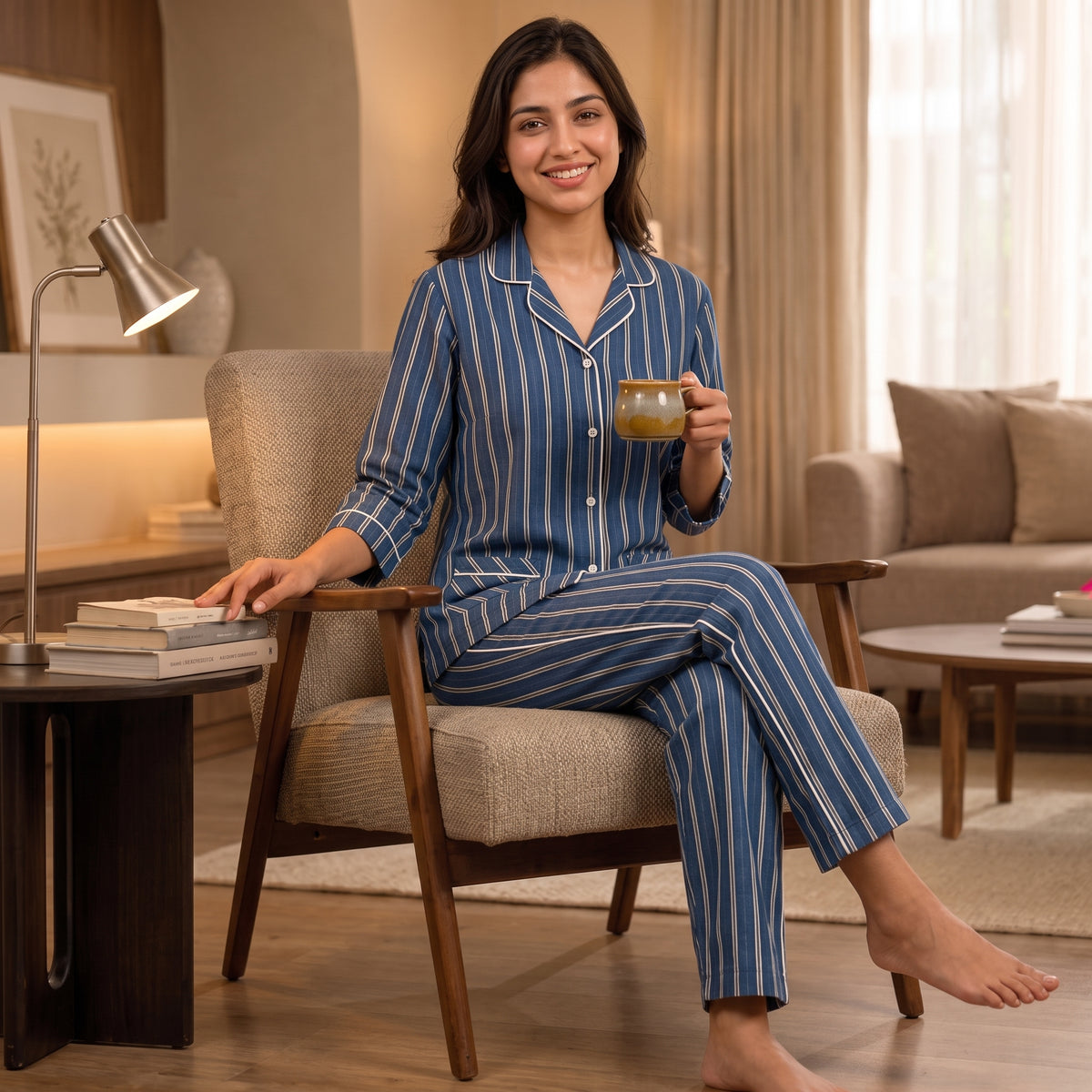 Women’s Premium Blue Vertical Stripes Night Suit & Loungewear