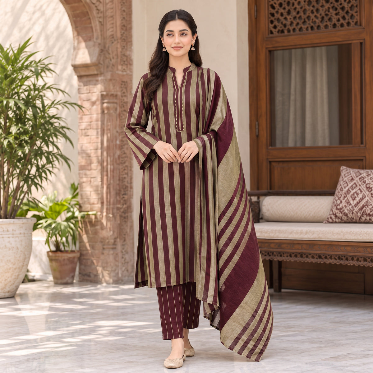 3-Piece Unstitched Beige & Mehroon Multani Khaddi Susi Suit