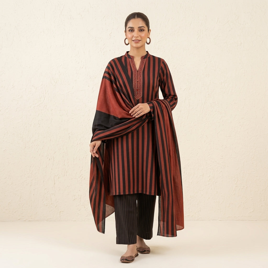 3-Piece Unstitched Red & Black Multani Khaddi Susi Suit
