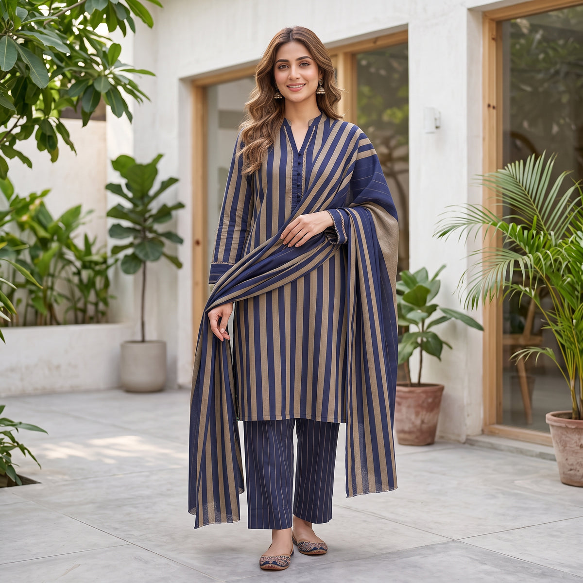 3-Piece Unstitched Beige & Navy Blue Multani Khaddi Susi Suit