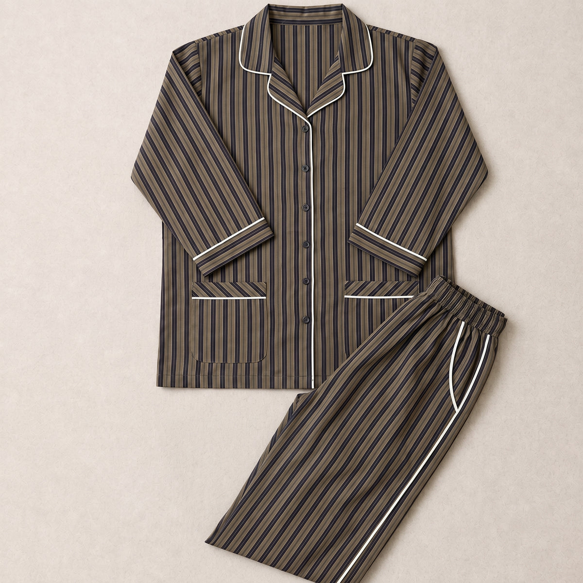 Women’s Premium Navy Blue & Beige Stripes Night Suit & Loungewear