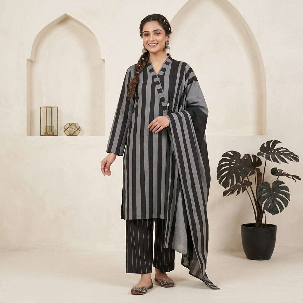 3-Piece Unstitched Grey & Black Multani Khaddi Susi Suit