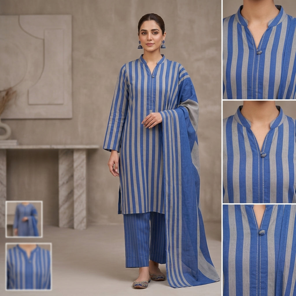 3-Piece Unstitched Grey & Royal Blue Multani Khaddi Susi Suit