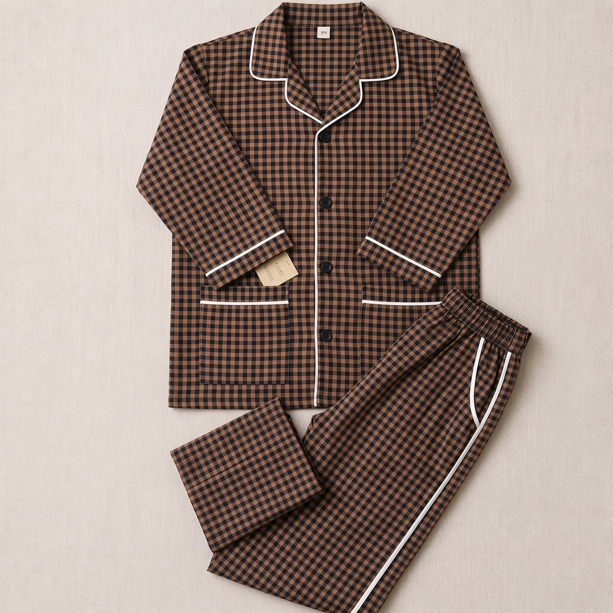 Women’s Camel Brown & Black Checkered Night Suit & Loungewear