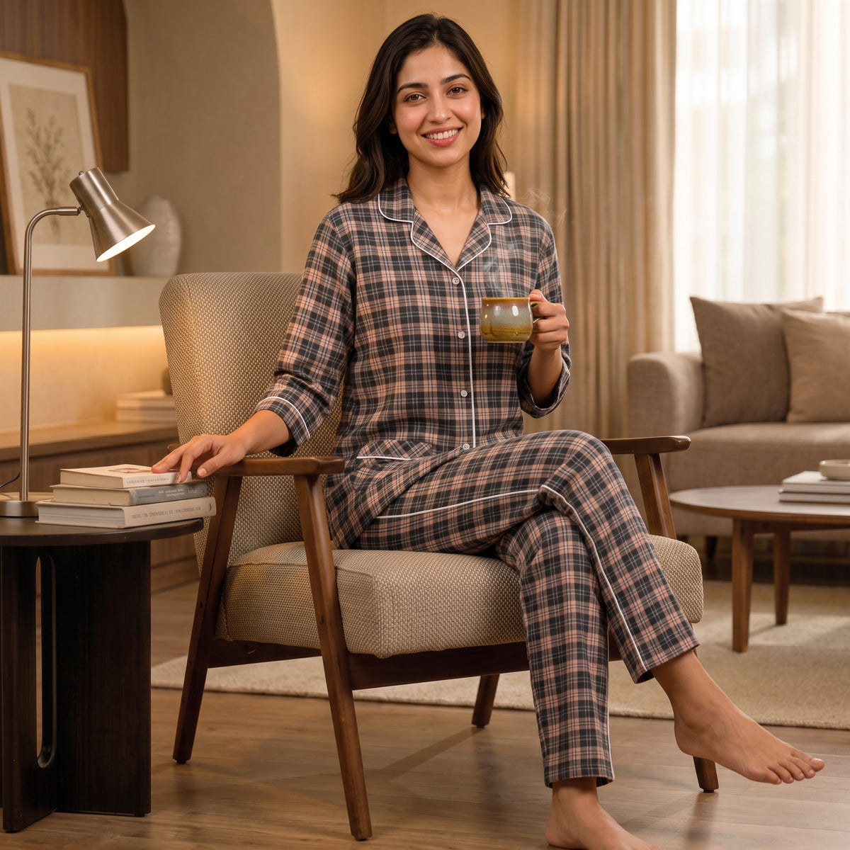 Women’s Brown & Grey Checkered Night Suit & Loungewear
