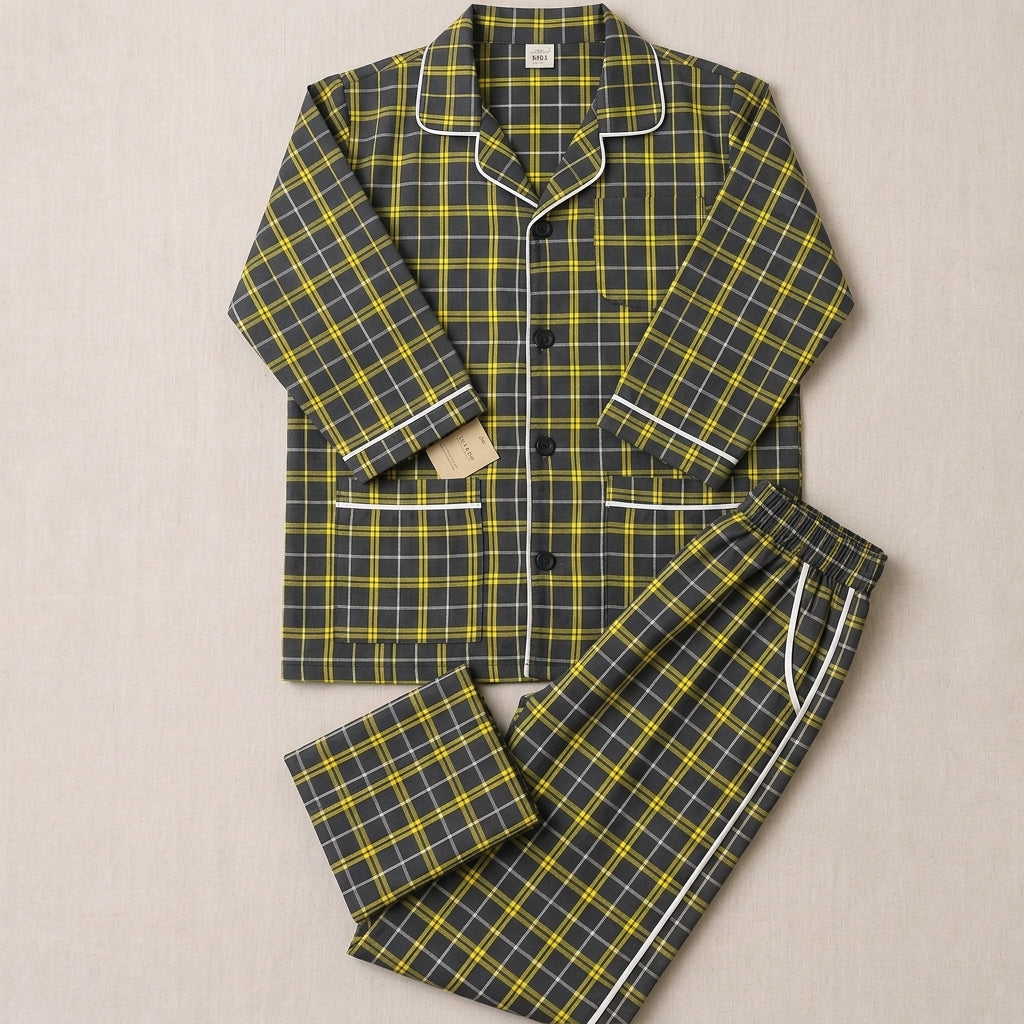 Women’s Grey & Yellow Checkered Night Suit & Loungewear