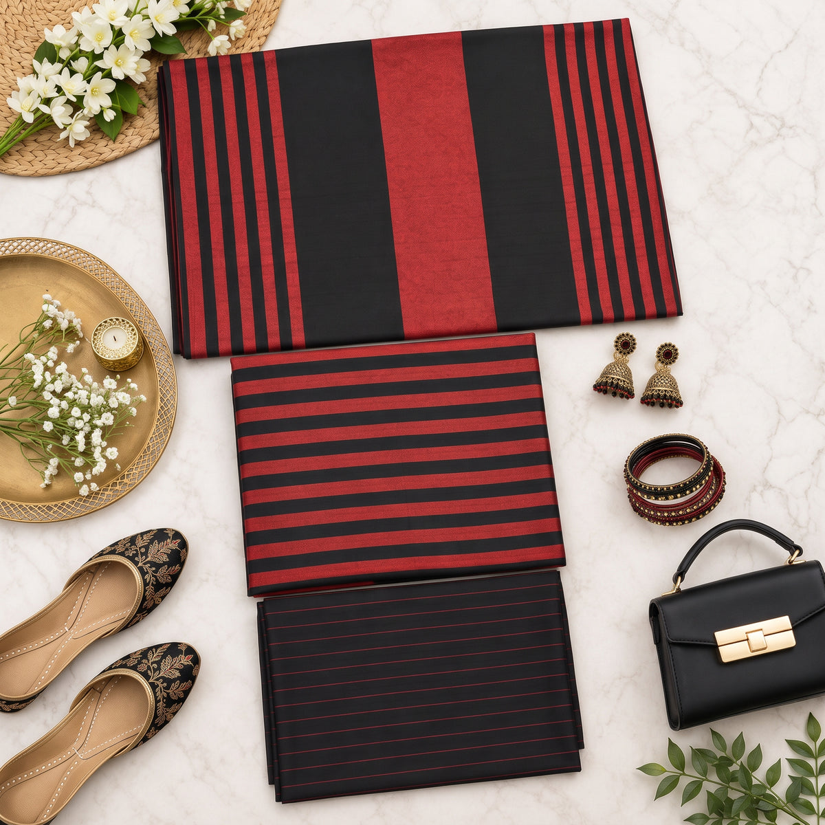 3-Piece Unstitched Red & Black Multani Khaddi Susi Suit