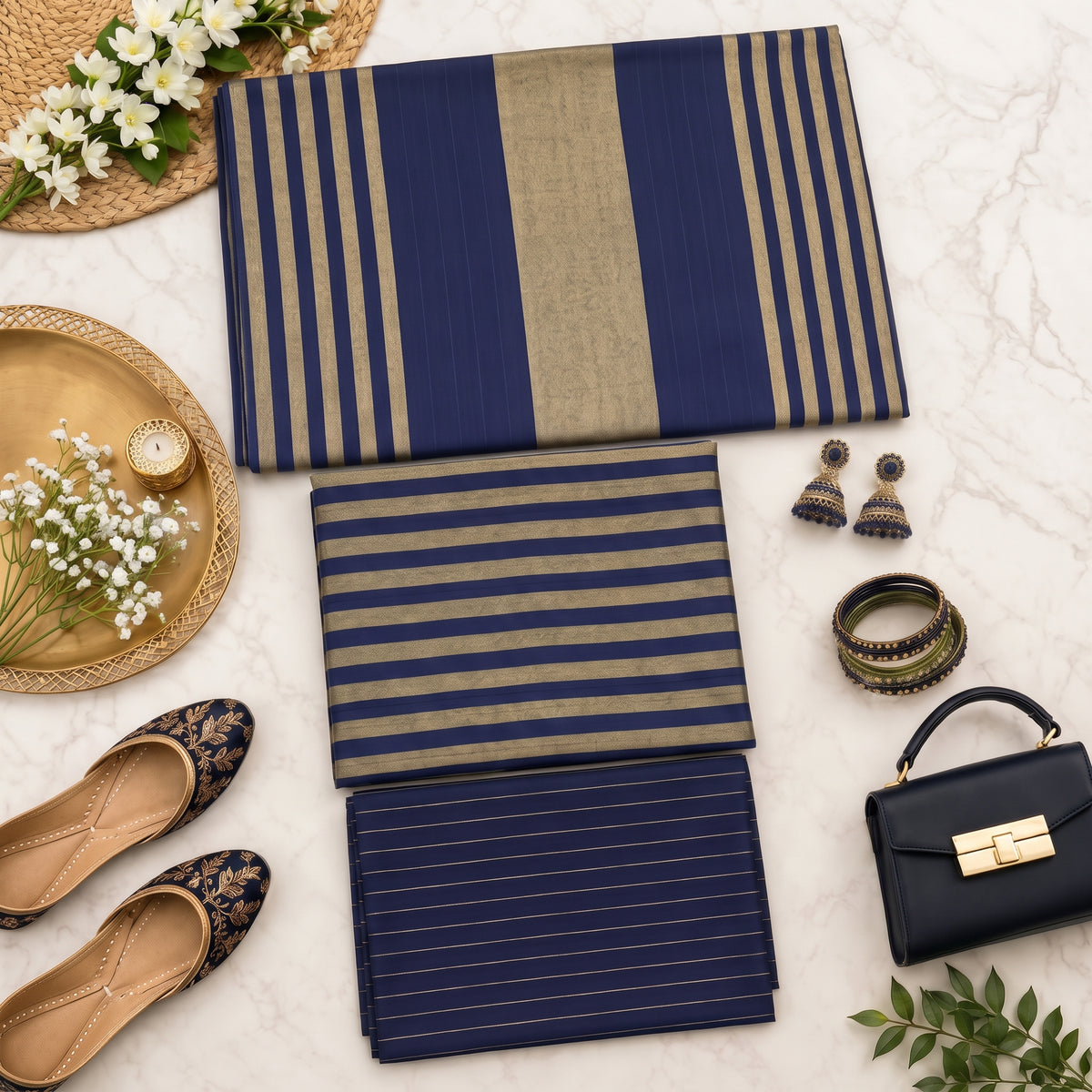 3-Piece Unstitched Beige & Navy Blue Multani Khaddi Susi Suit