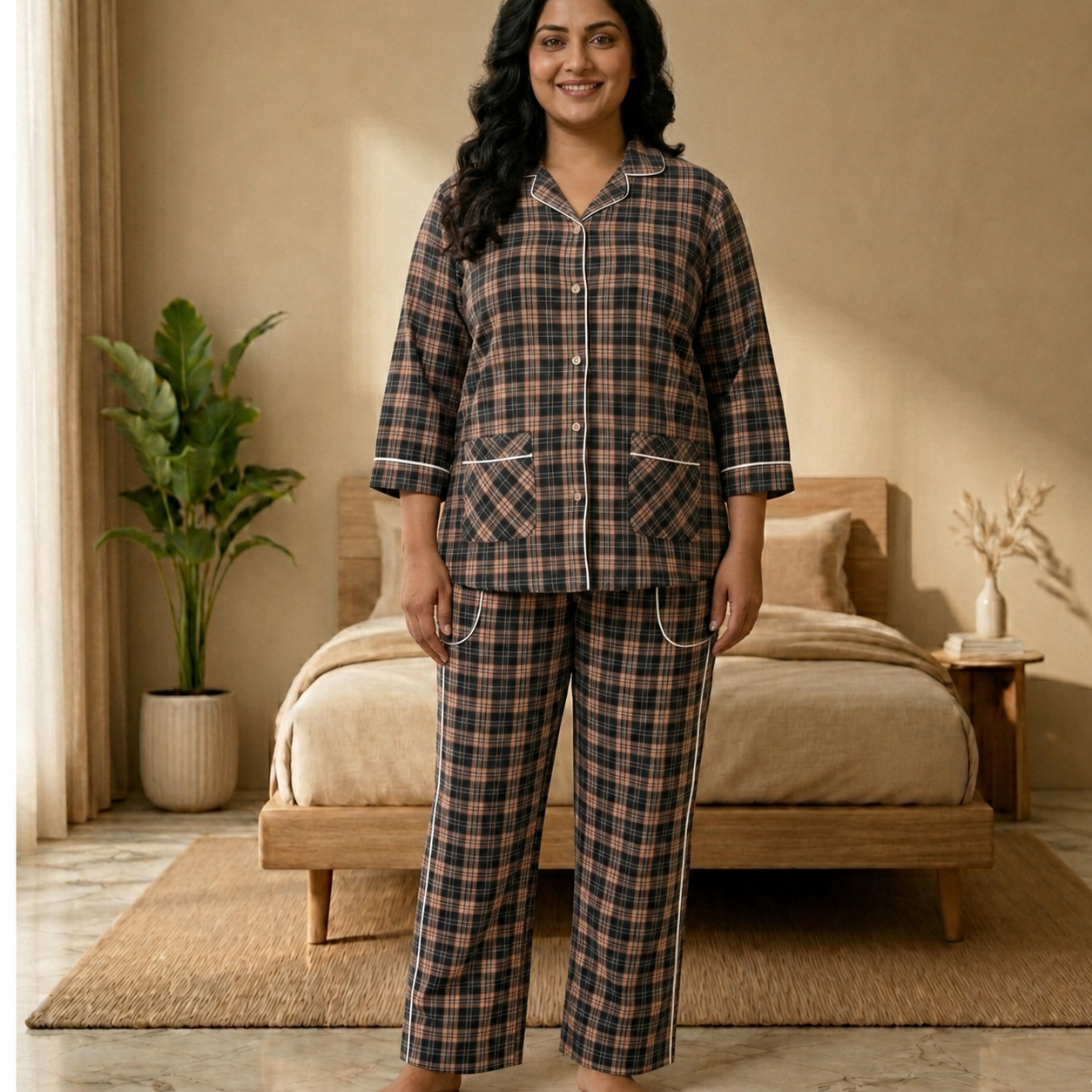 Women’s Black & Dusty Rose Checkered Cotton Pajama Set