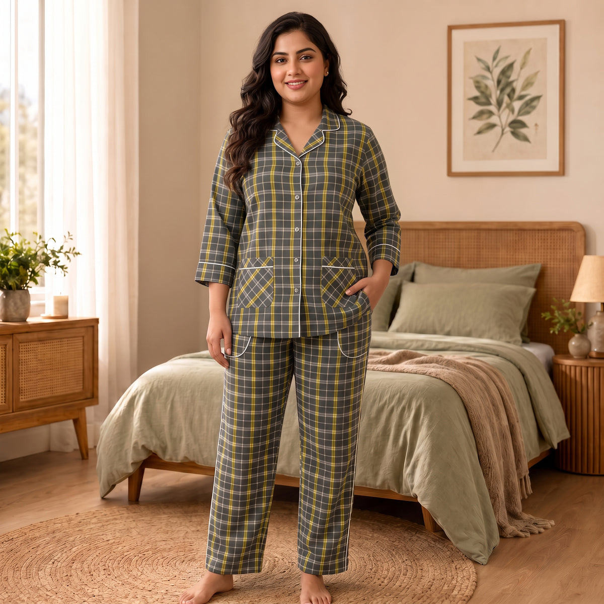 Women’s Grey & Yellow Checkered Night Suit & Loungewear