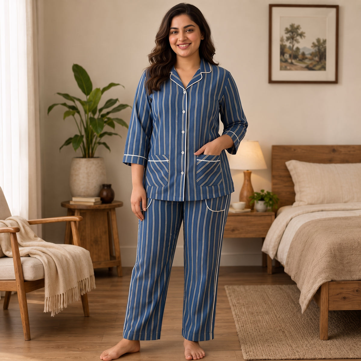 Women’s Premium Blue Vertical Stripes Night Suit & Loungewear