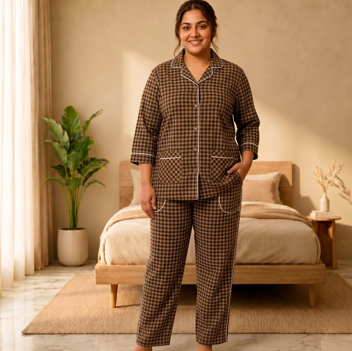 Women’s Camel Brown & Black Checkered Night Suit & Loungewear