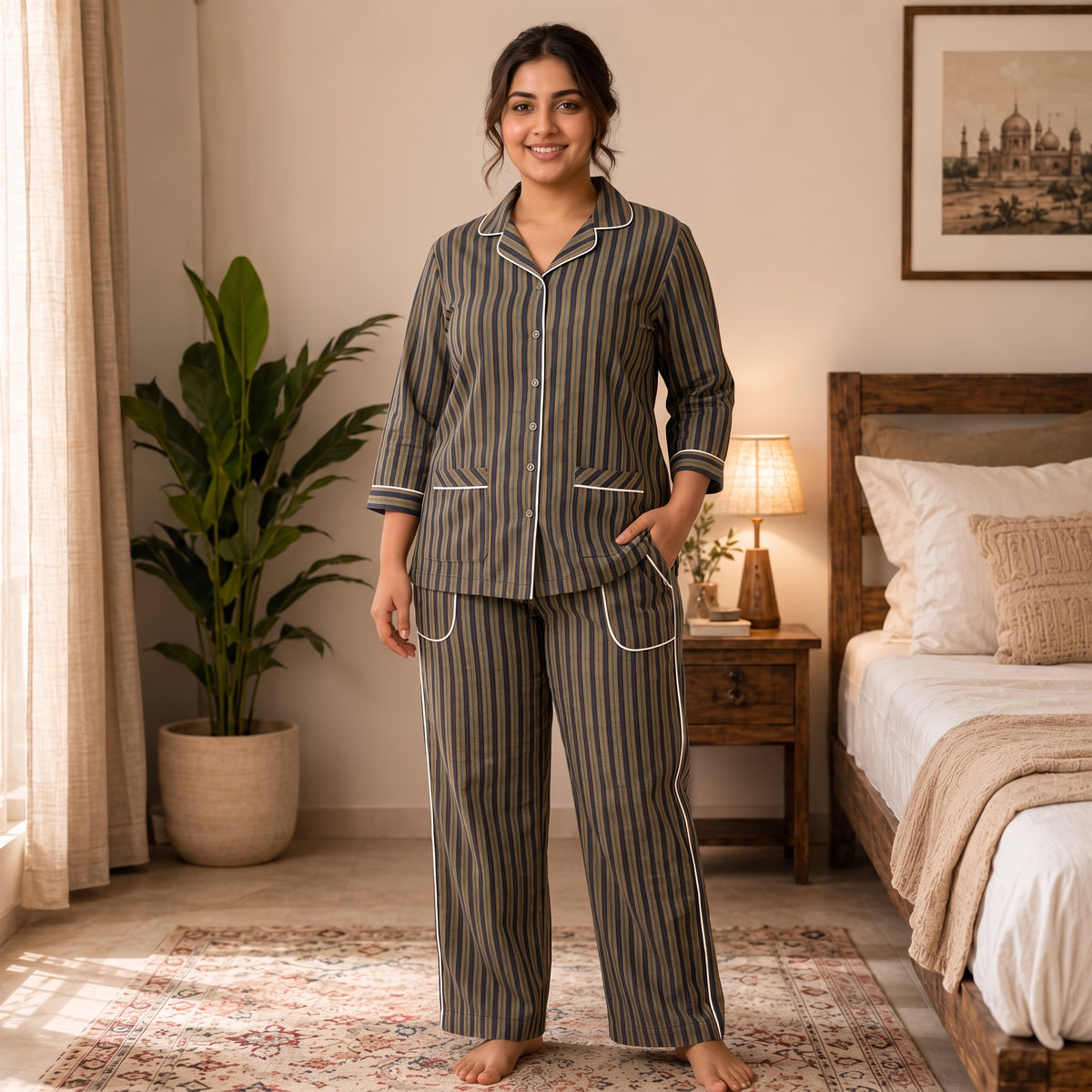 Women’s Premium Navy Blue & Beige Stripes Night Suit & Loungewear