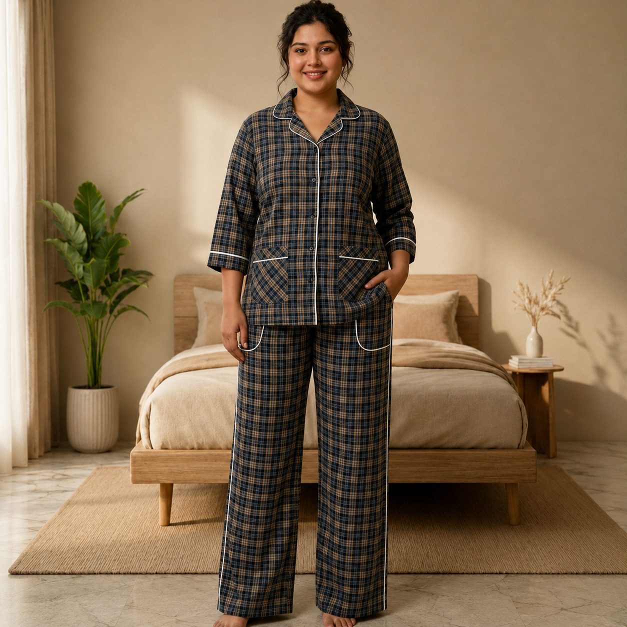 Women's Navy Checkered Cotton Pajama Set