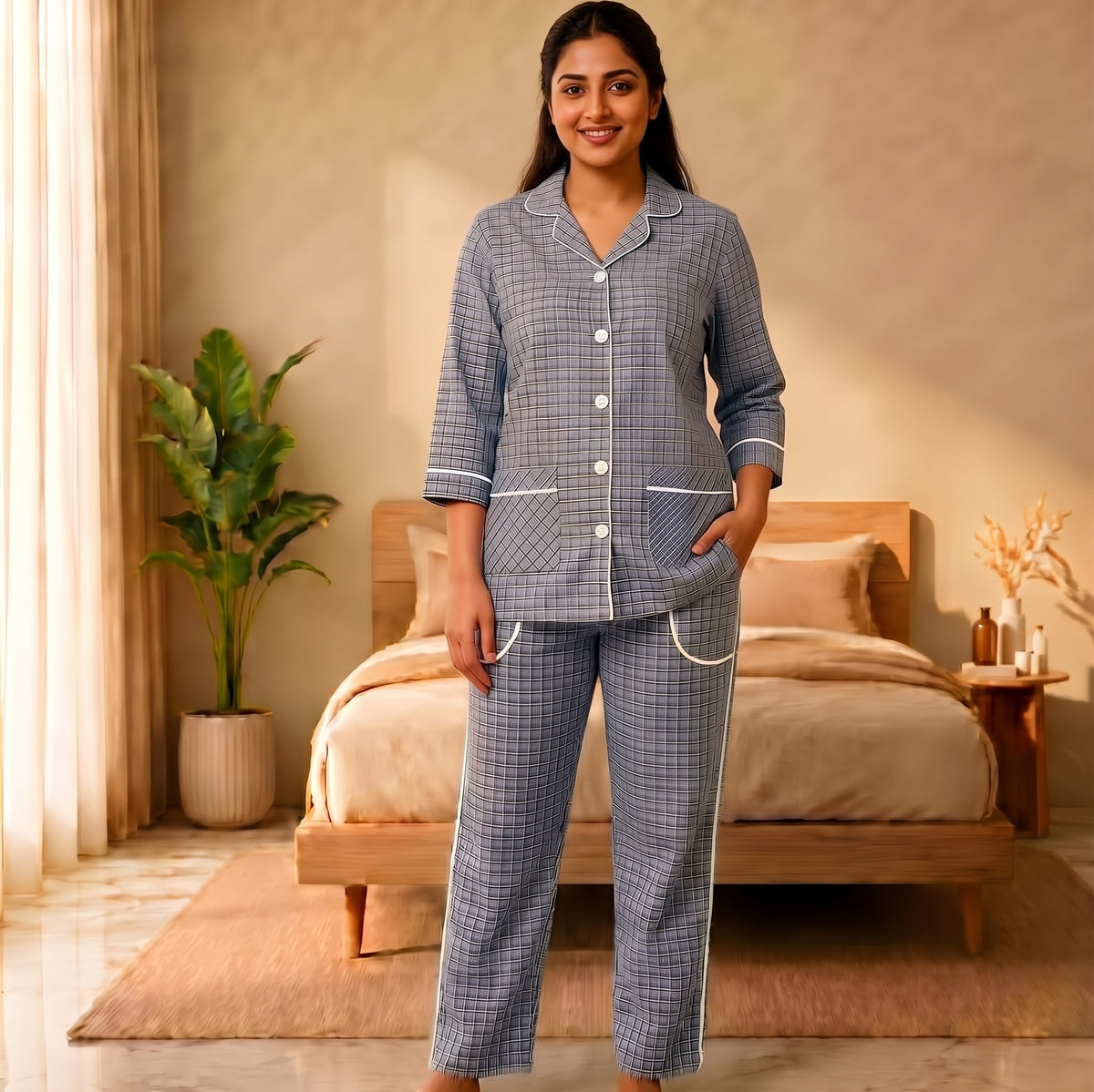 Women’s Light Blue & Navy Checkered Cotton Night Suit & Loungewear