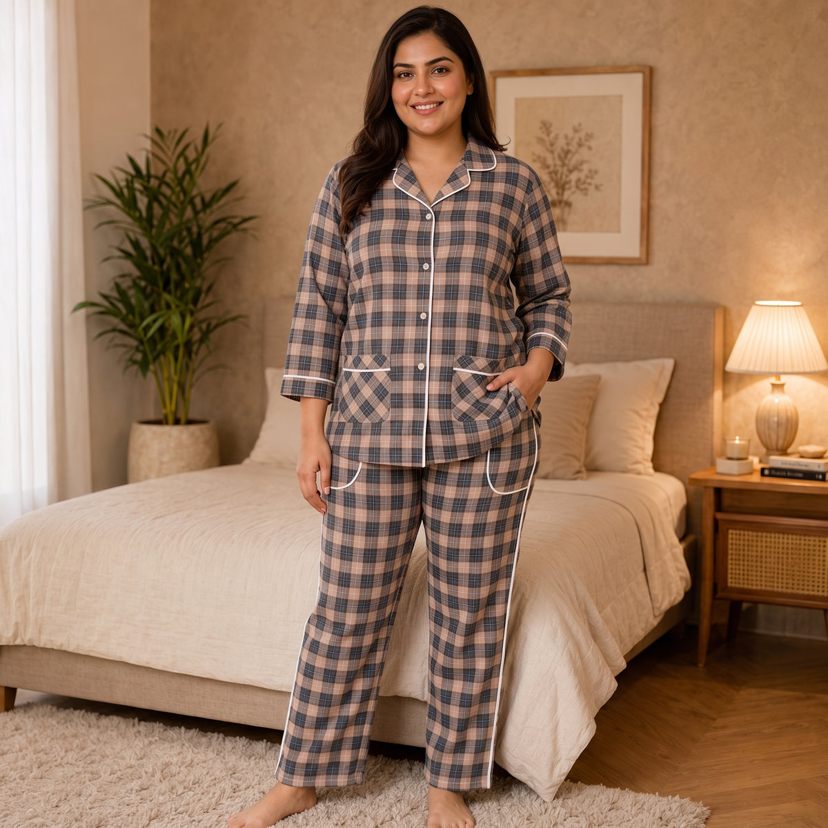 Women’s Brown & Grey Checkered Night Suit & Loungewear