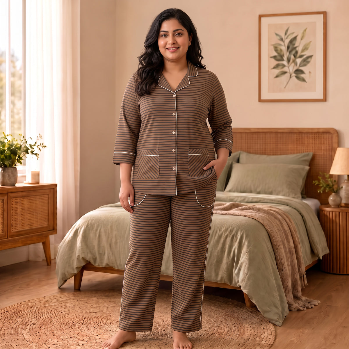 Women’s Premium Brown & Black Striped Night Suit & Loungewear
