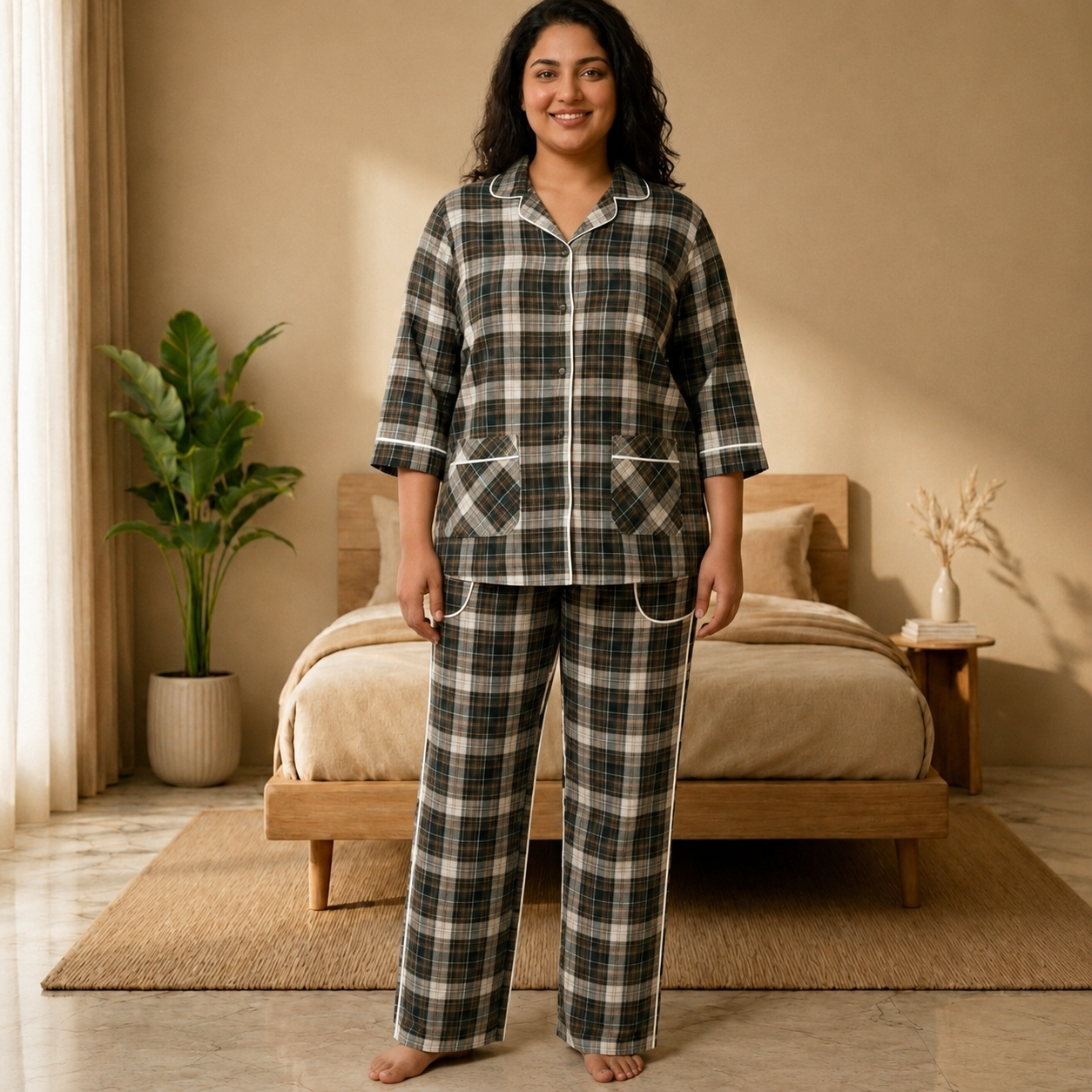 Women's Black & White Checkered Cotton Pajama Set