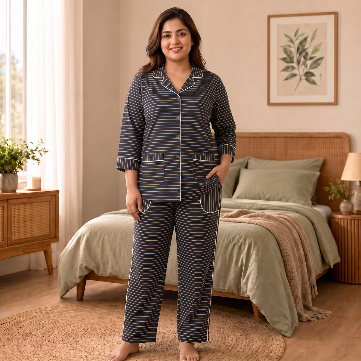 Women’s Premium Black & Beige Striped Night Suit & Loungewear
