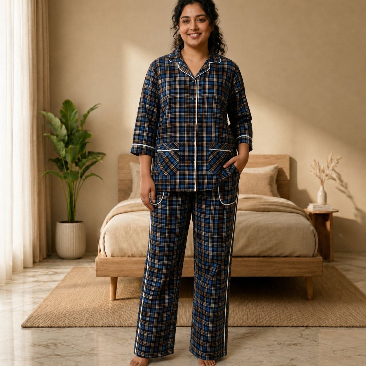 Women’s Blue & Brown Checkered Cotton Pajama Set