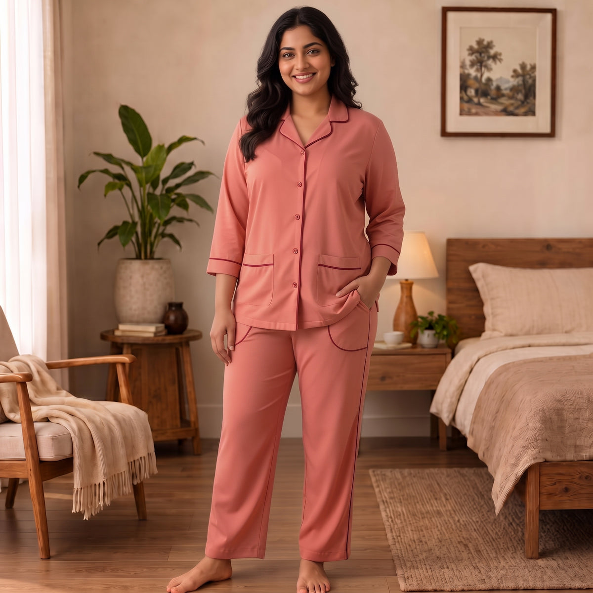 Women’s Premium Soft Plain Peach Night Suit & Loungewear