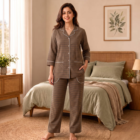 Women’s Premium Brown & Black Striped Night Suit & Loungewear