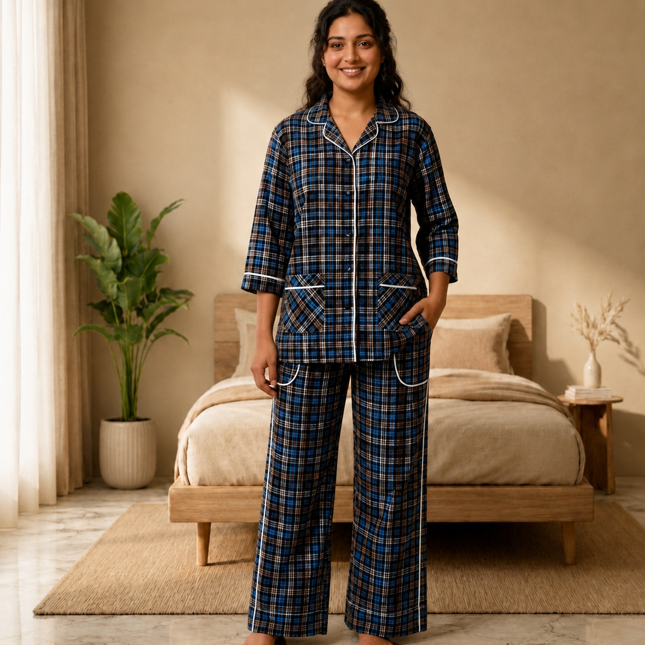 Women’s Blue & Brown Checkered Cotton Pajama Set