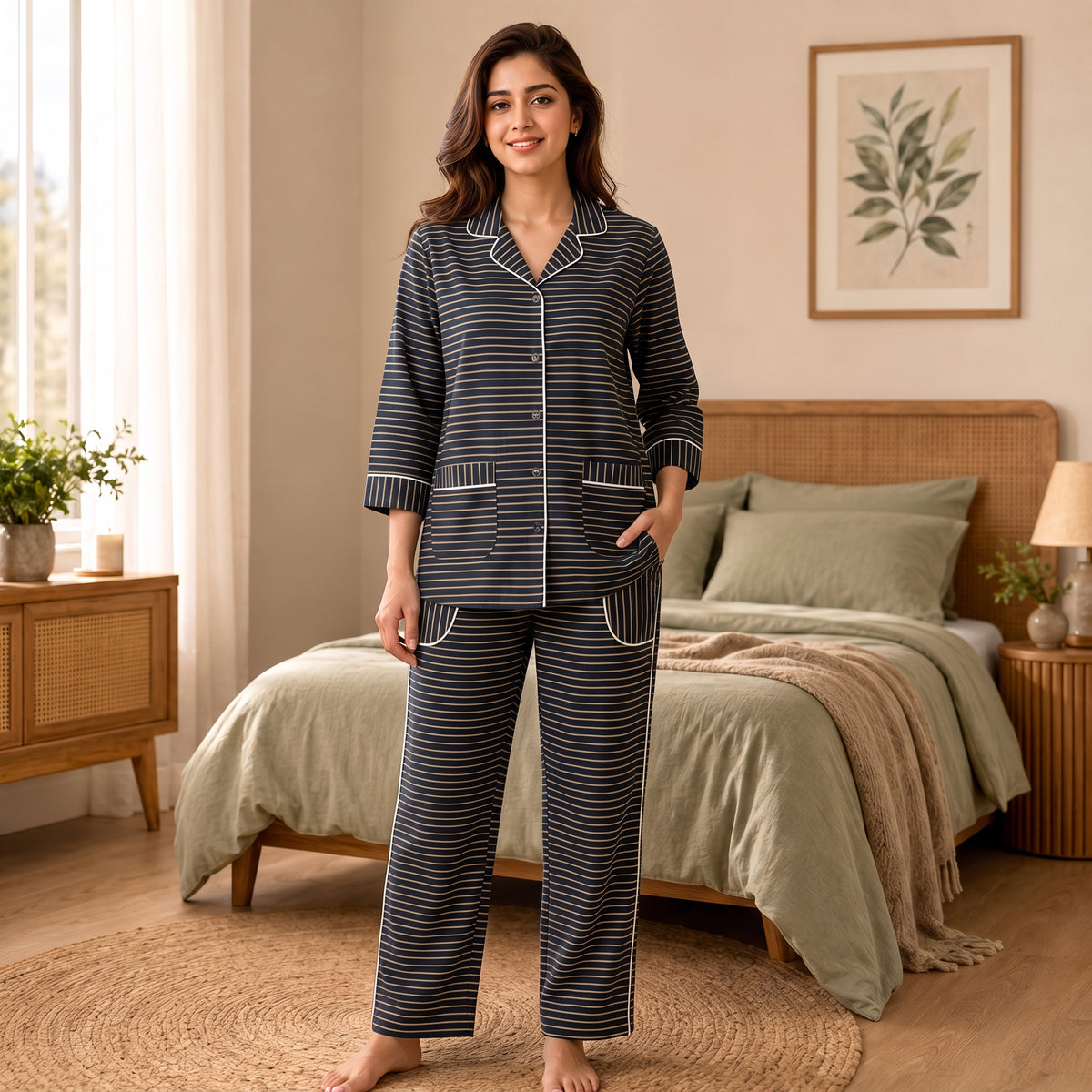 Women’s Premium Black & Beige Striped Night Suit & Loungewear