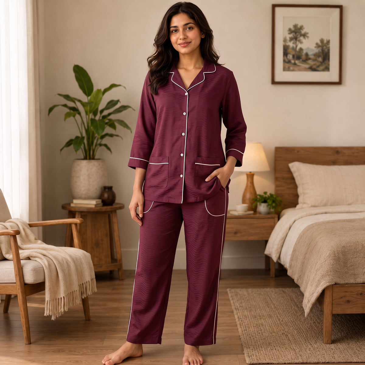 Women’s Premium Plain Maroon Night Suit & Loungewear