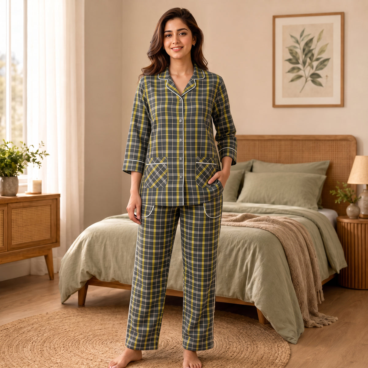 Women’s Grey & Yellow Checkered Night Suit & Loungewear