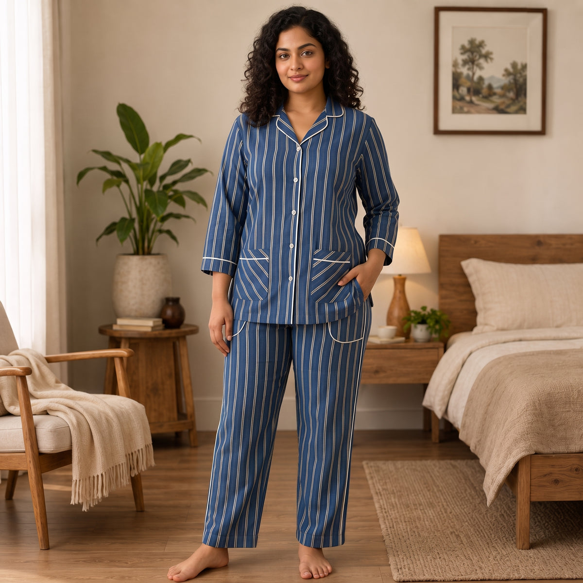Women’s Premium Blue Vertical Stripes Night Suit & Loungewear
