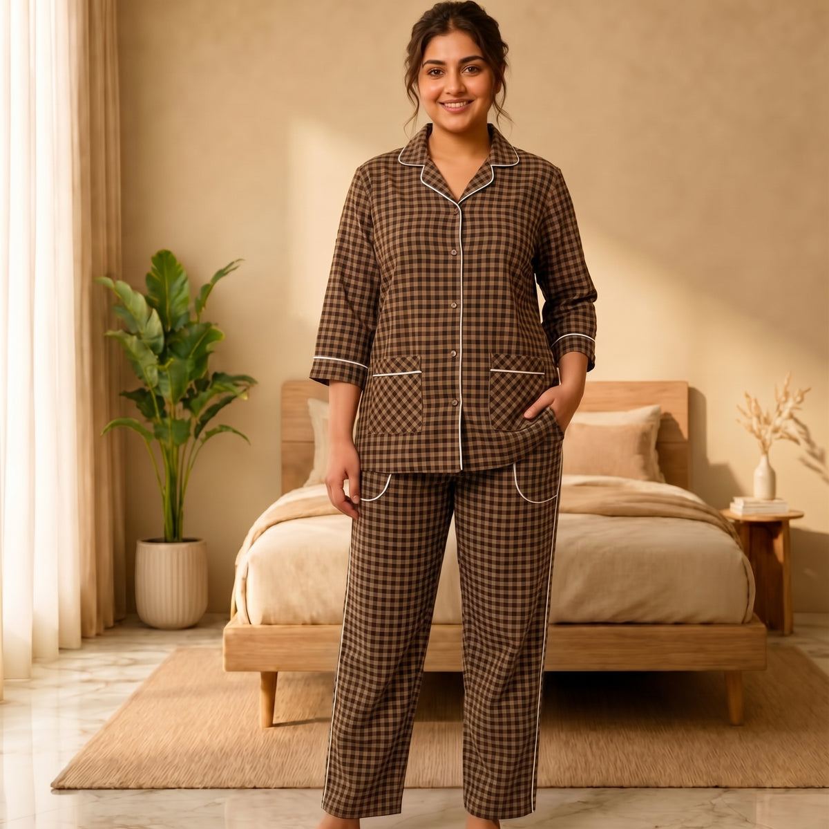 Women’s Camel Brown & Black Checkered Night Suit & Loungewear